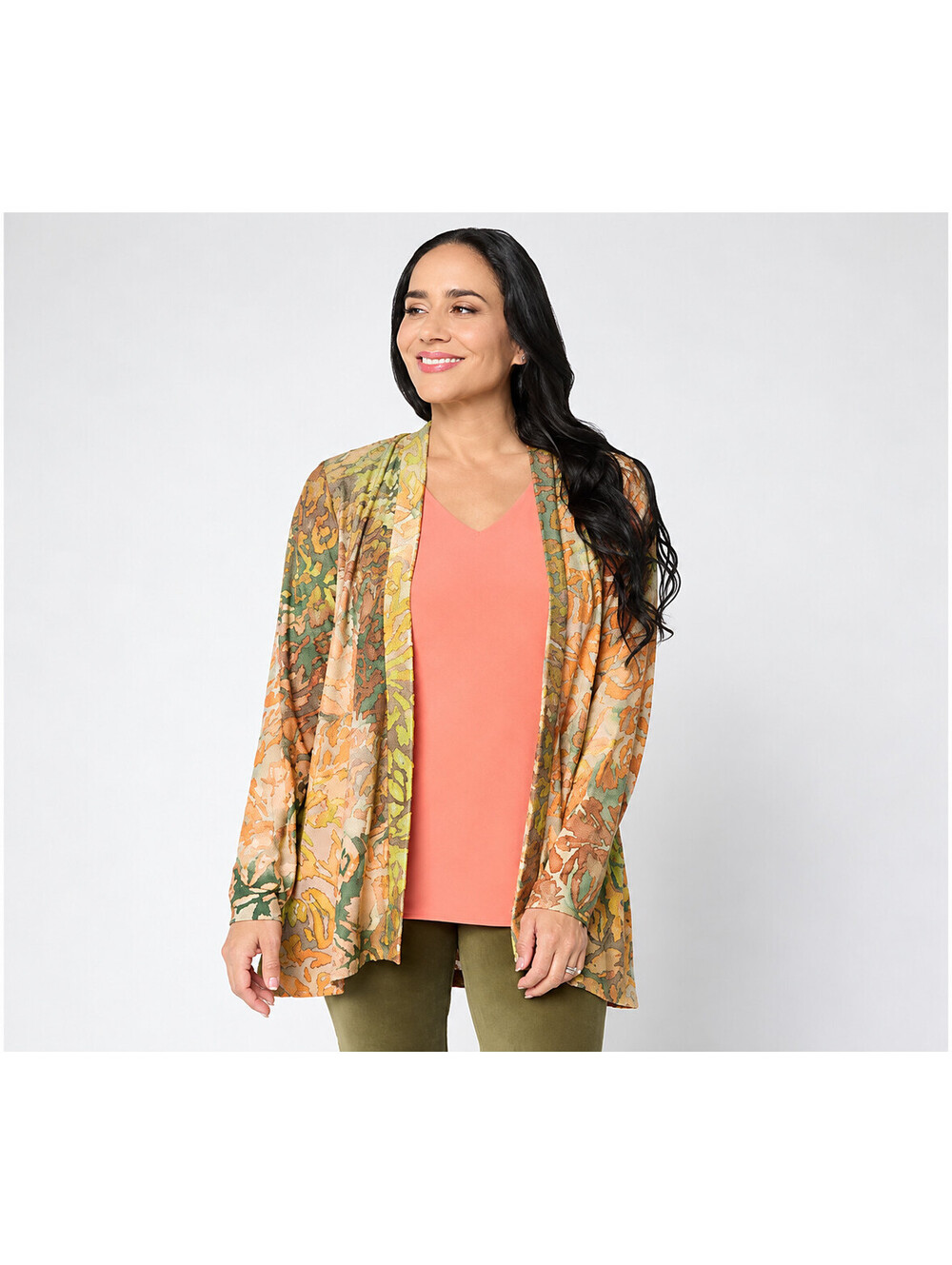 Susan Graver Reg Novelty Knit Cardigan with Tank Set Tangerine/Mocha, Large